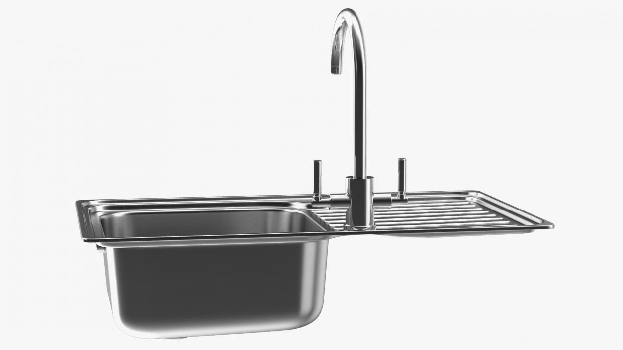 3D Single Bowl Kitchen Sink with Drainboard and Tap model
