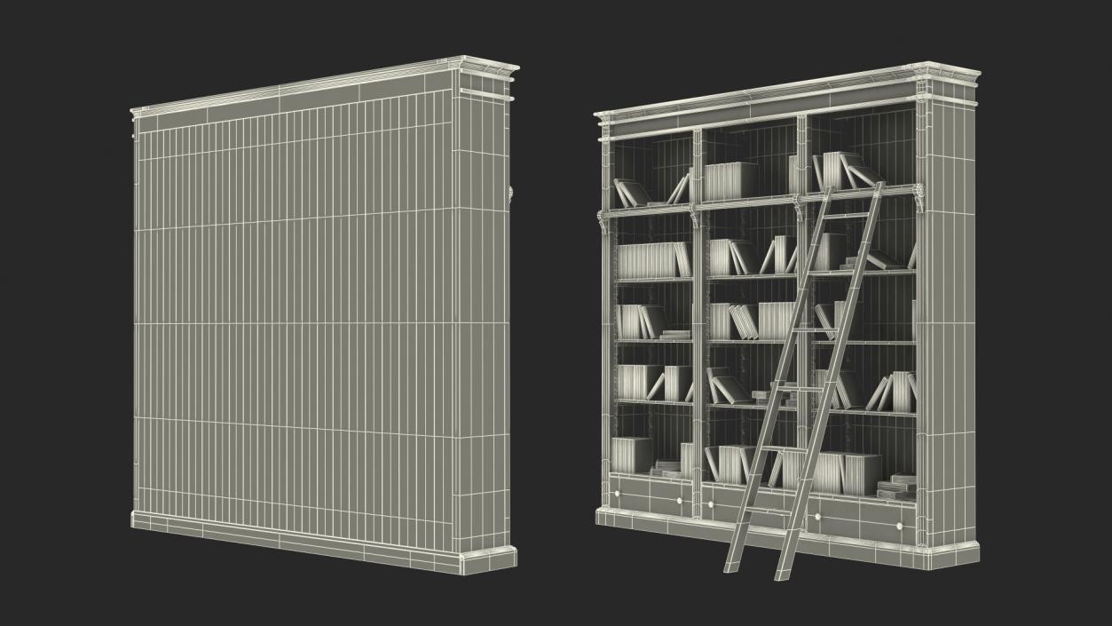 Wood Library Bookcase with Books 3D