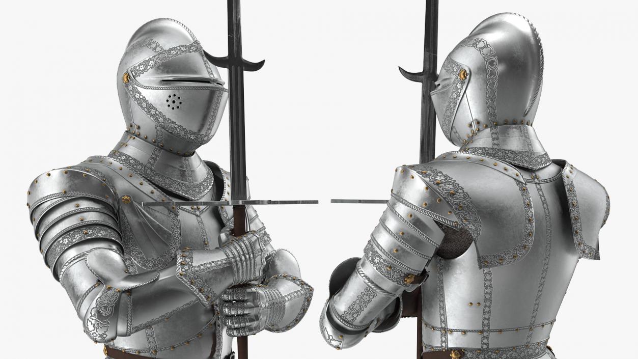 3D model Polished Medieval Knight Plate Armor Holding Zweihander