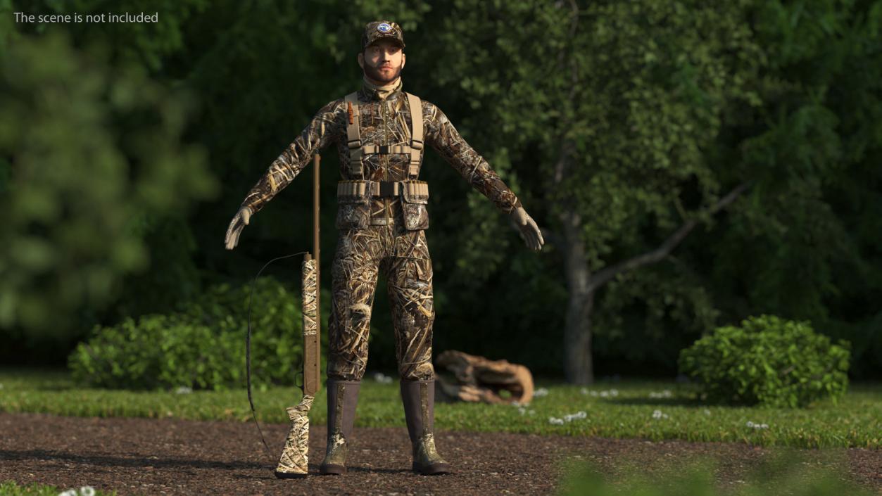 Modern Hunter With Gun A-pose in Grass Camo Fur 3D