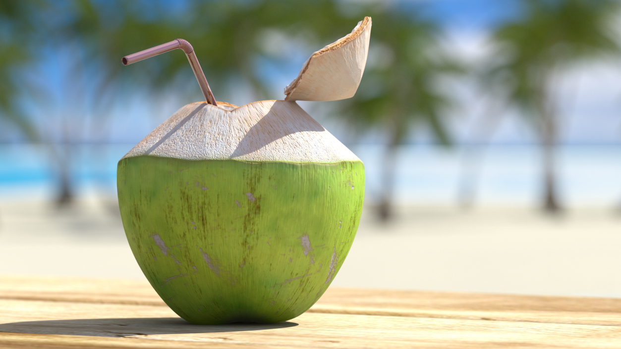 3D Opened Green Coconut with Straw