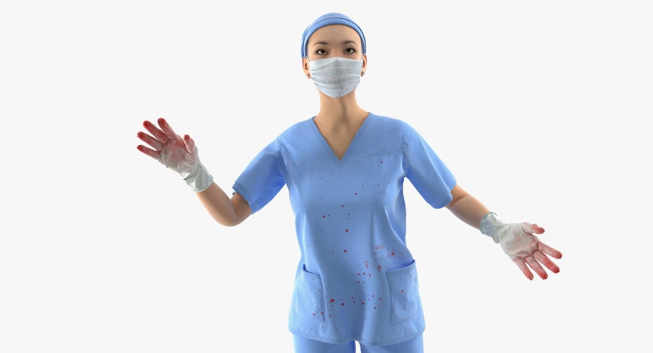3D Asian Female Surgeon Stained with Blood Rigged