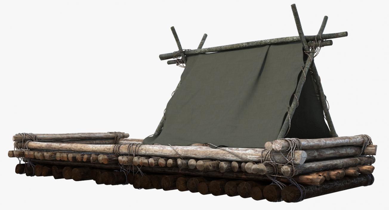 Wooden Log Raft with Hut 3D model