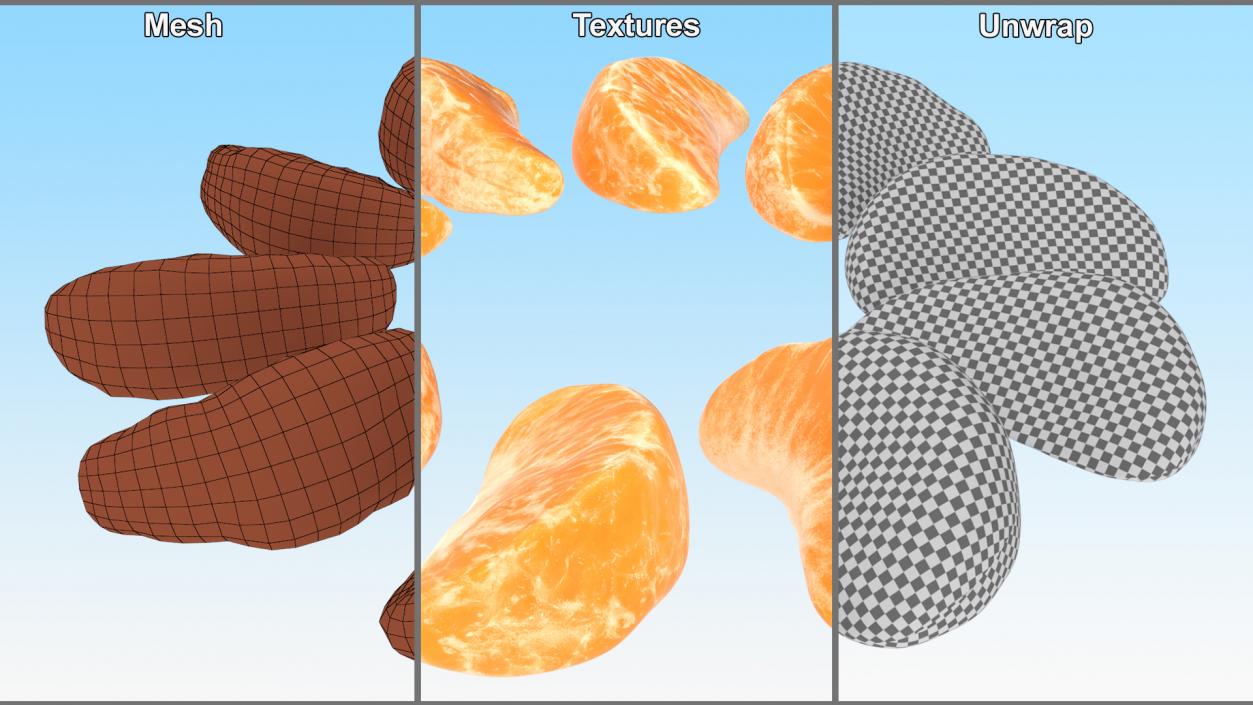 3D Slices of Peeled Orange Tangerine Fruit in Sun Form