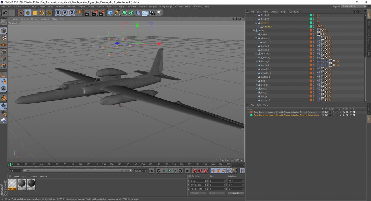 3D model Grey Reconnaissance Aircraft Simple Interior Rigged for Cinema 4D