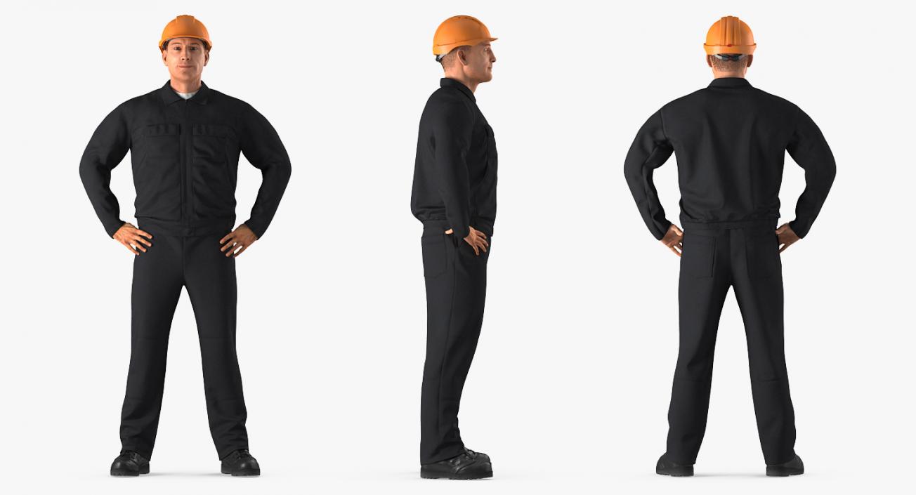 Worker Black Uniform with Hardhat Standing Pose 3D