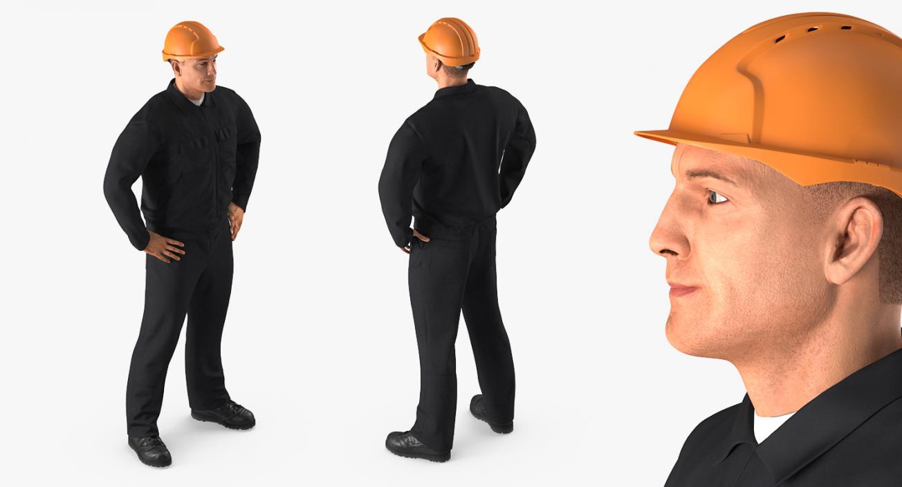 Worker Black Uniform with Hardhat Standing Pose 3D