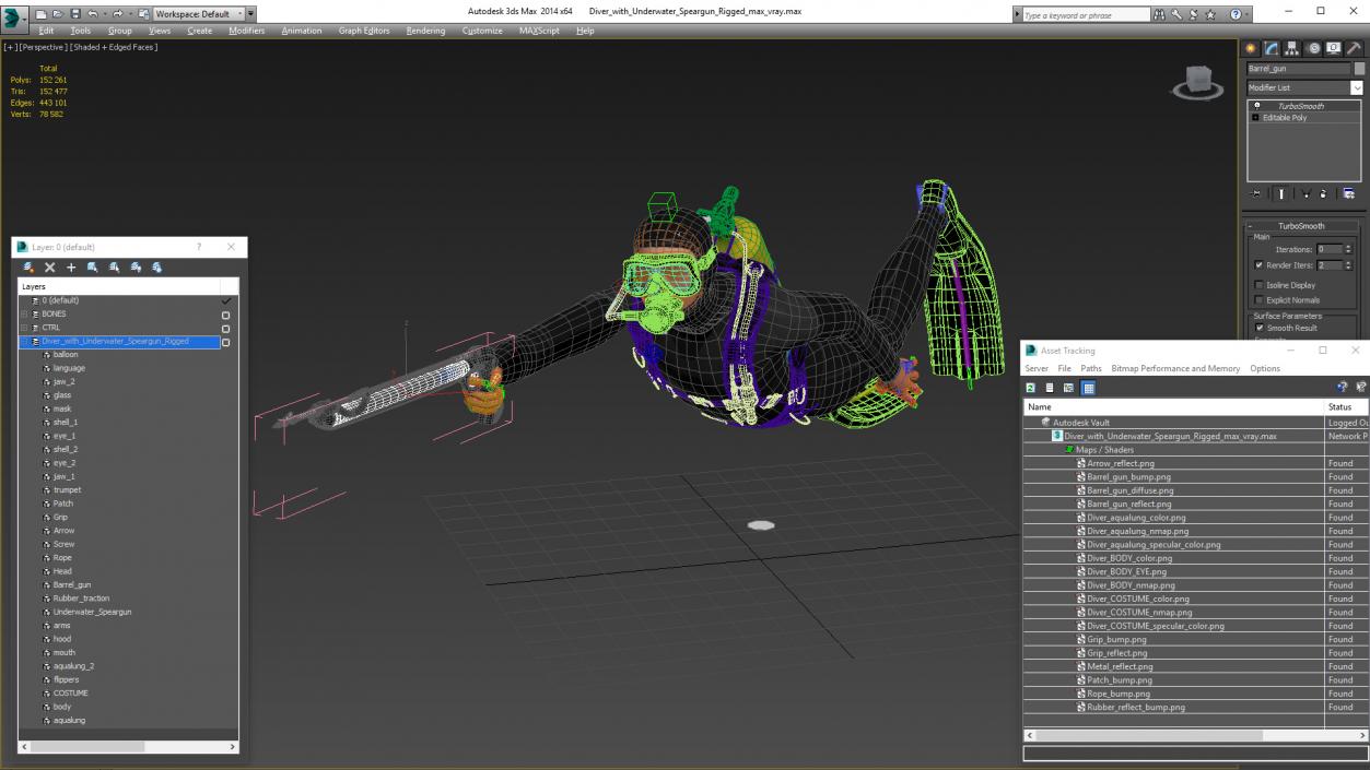 3D Diver with Underwater Speargun Rigged for Maya