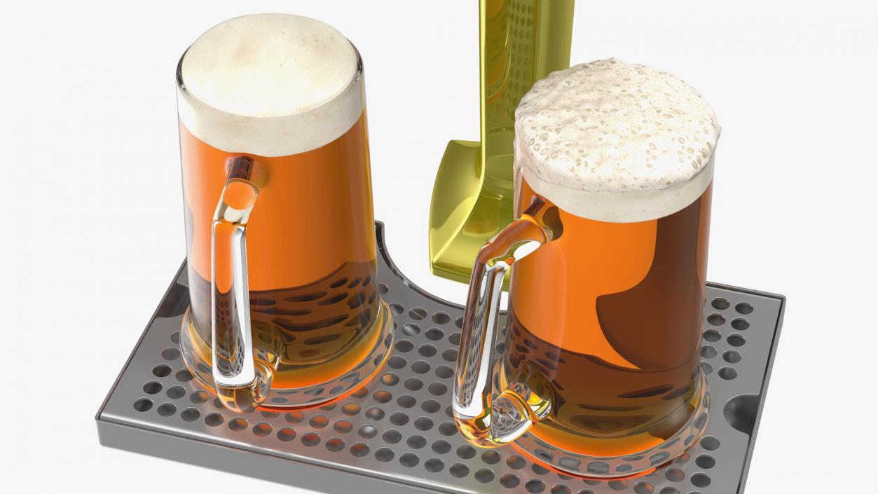 3D Triple Tap Brass Draft Beer Tower with Beer Mugs model