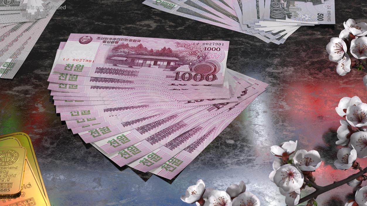 3D Fan Shaped North Korea 1000 Won Banknotes