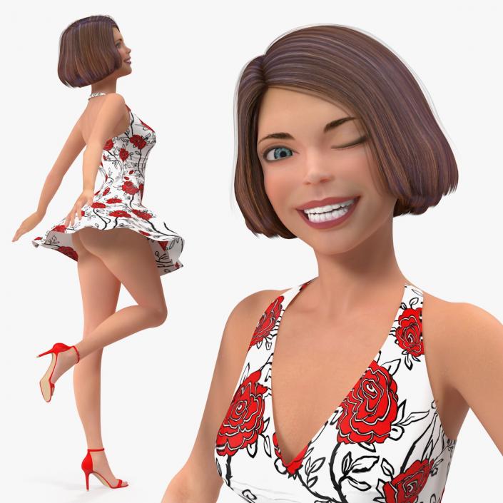 3D Cartoon Young Woman Romantic Dress Rigged
