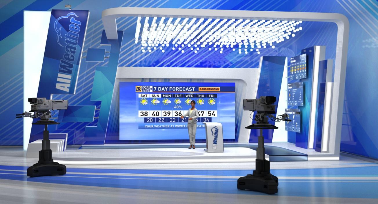3D TV Studio with Cameras and Weather Presenter Rigged