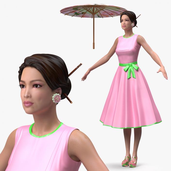 Asian Women Wear Summer Fashion Dress T Pose 3D model