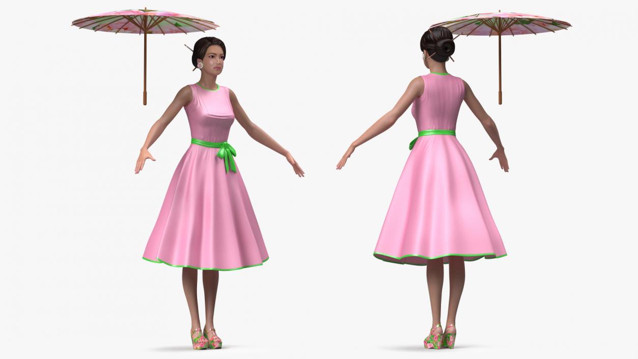 Asian Women Wear Summer Fashion Dress T Pose 3D model