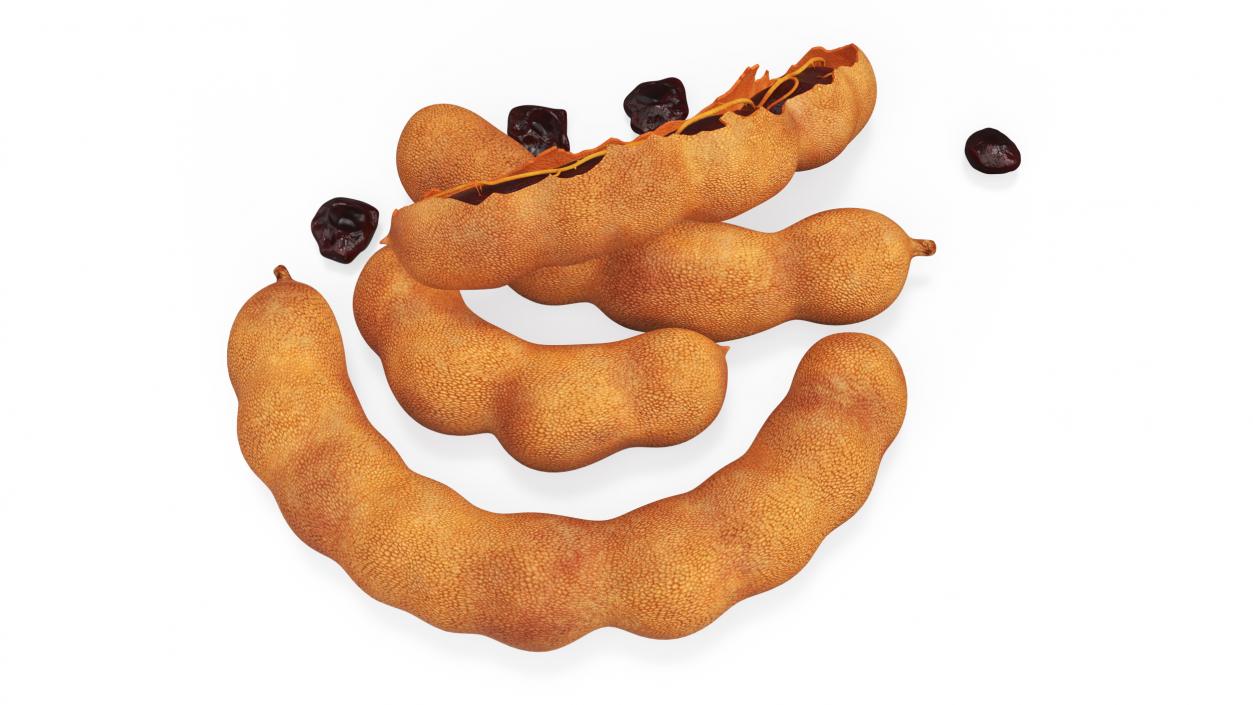 Tamarind Fruits Whole and Opened 3D