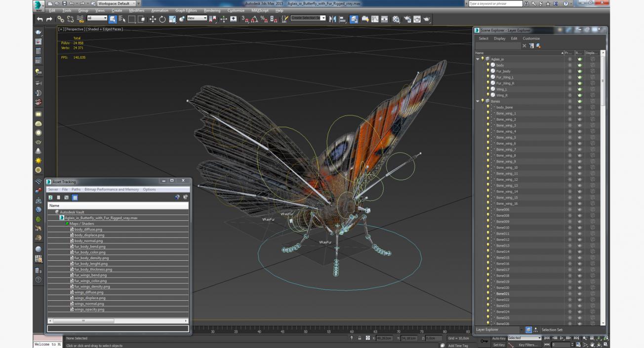 3D model Aglais io Butterfly with Fur Rigged