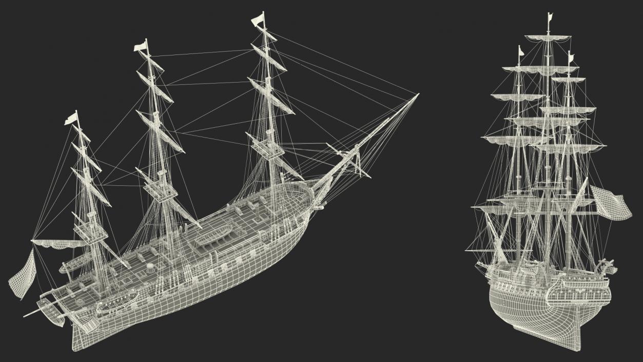 3D USS Constitution Heavy Frigate Retracted Sails