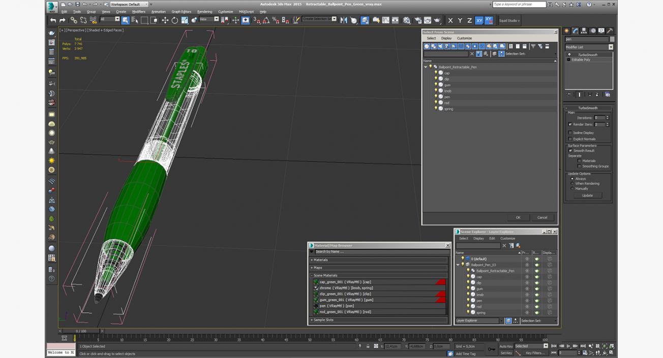 3D Retractable Ballpoint Pen Green