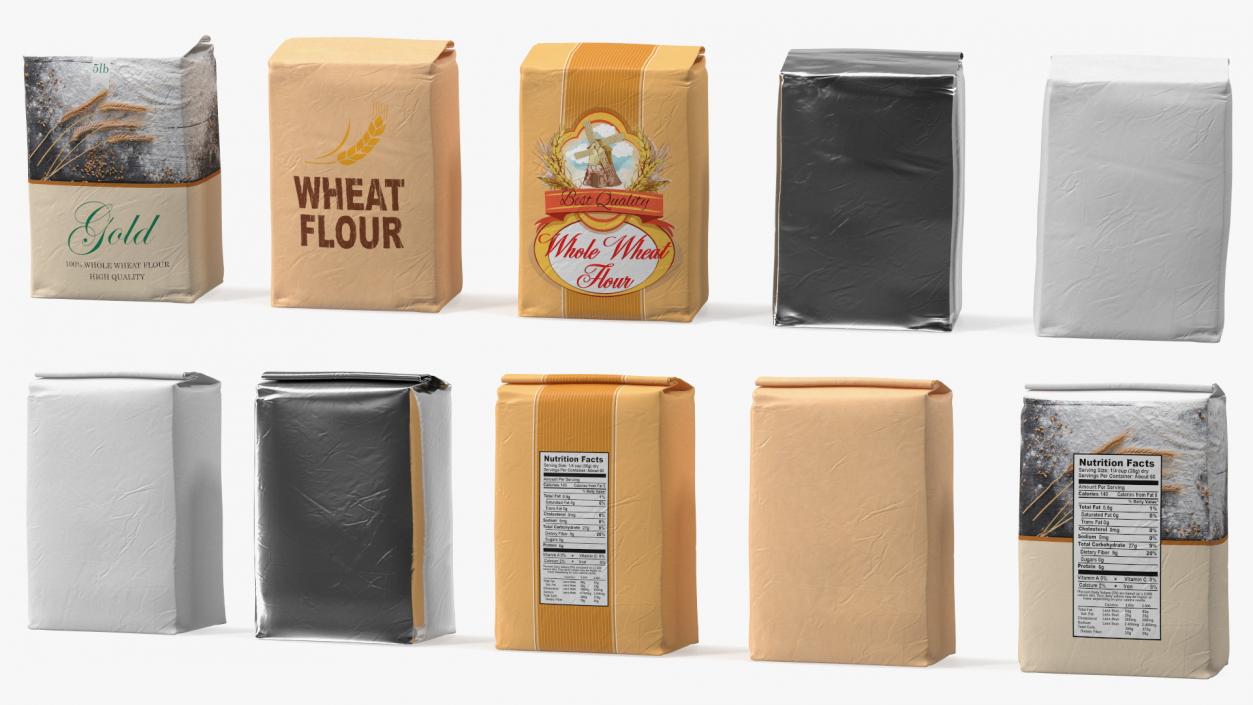 Wheat Flour Paper Bag 5lb Set 3D model