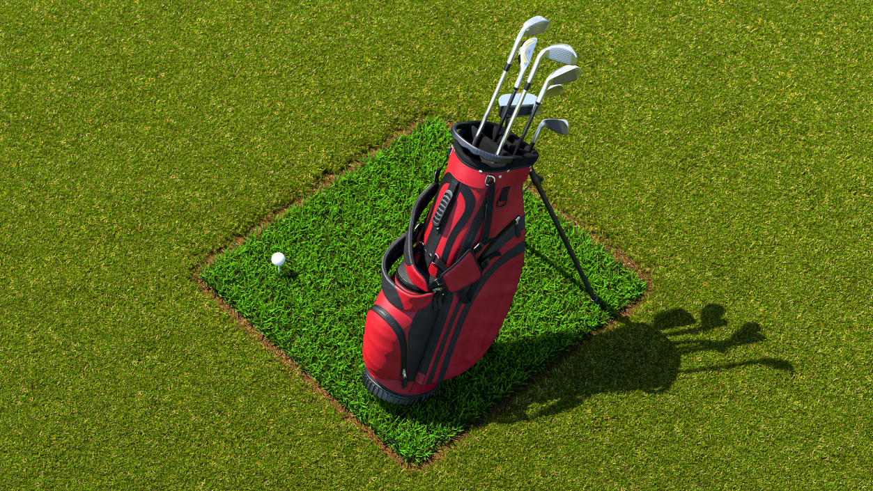 3D Golf Ball and Bag with Clubs on Lawn