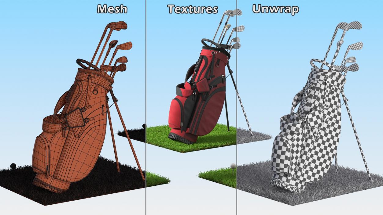 3D Golf Ball and Bag with Clubs on Lawn