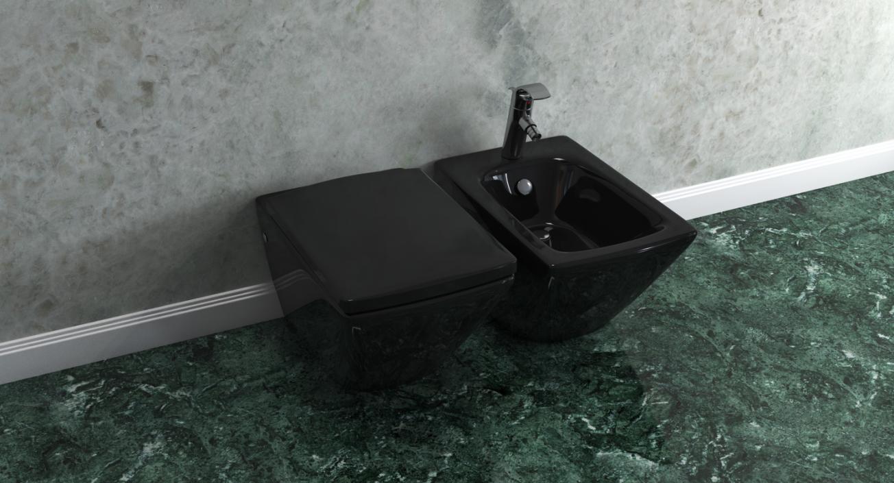 Back To Wall Modern Toilet and Bidet Black 3D