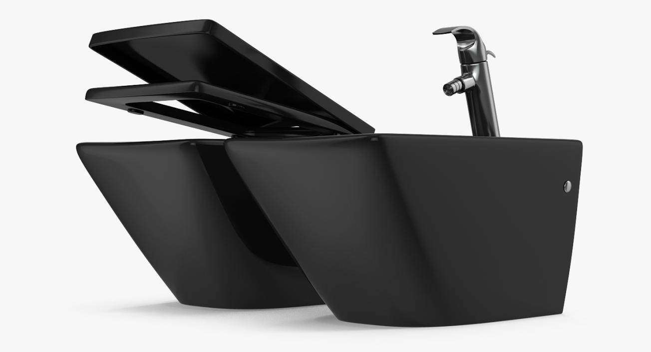 Back To Wall Modern Toilet and Bidet Black 3D