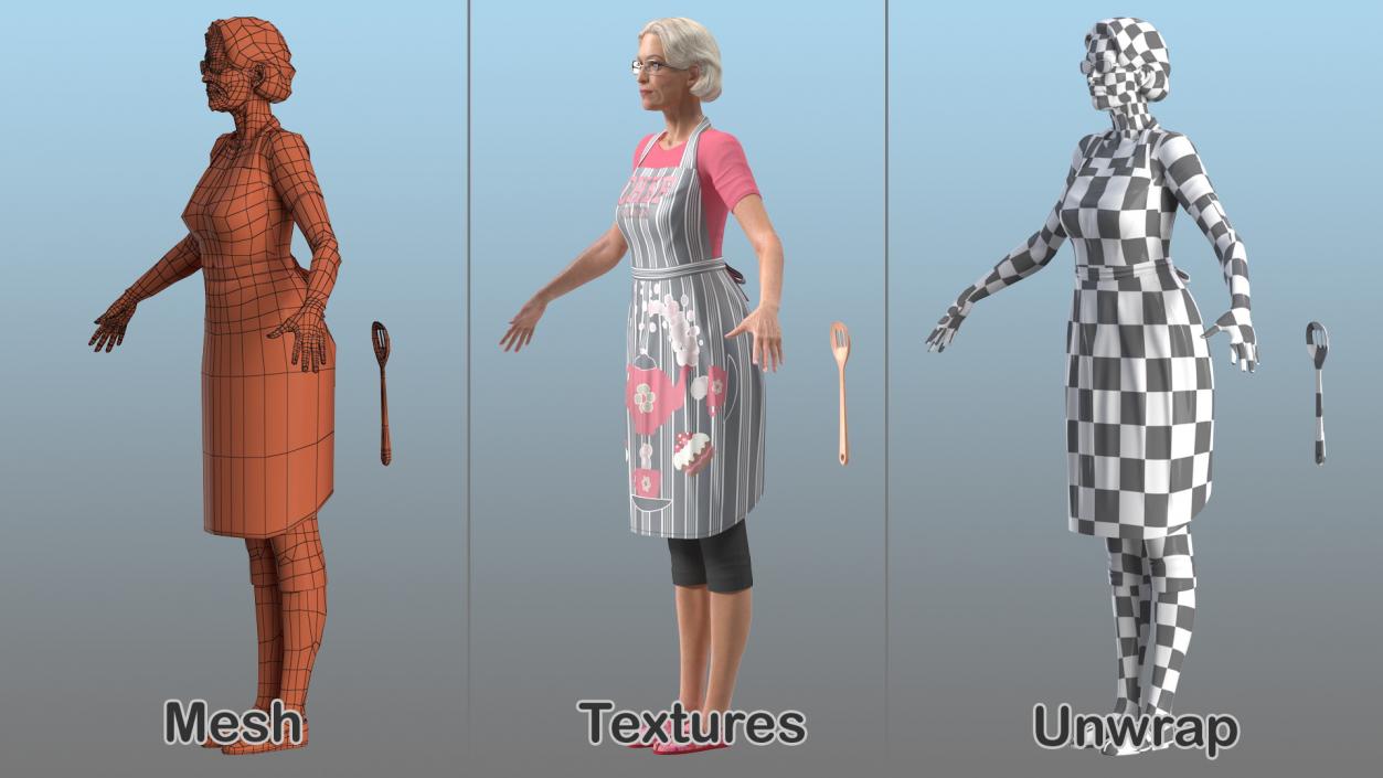Elderly Woman Wearing Kitchen Apron Rigged 3D