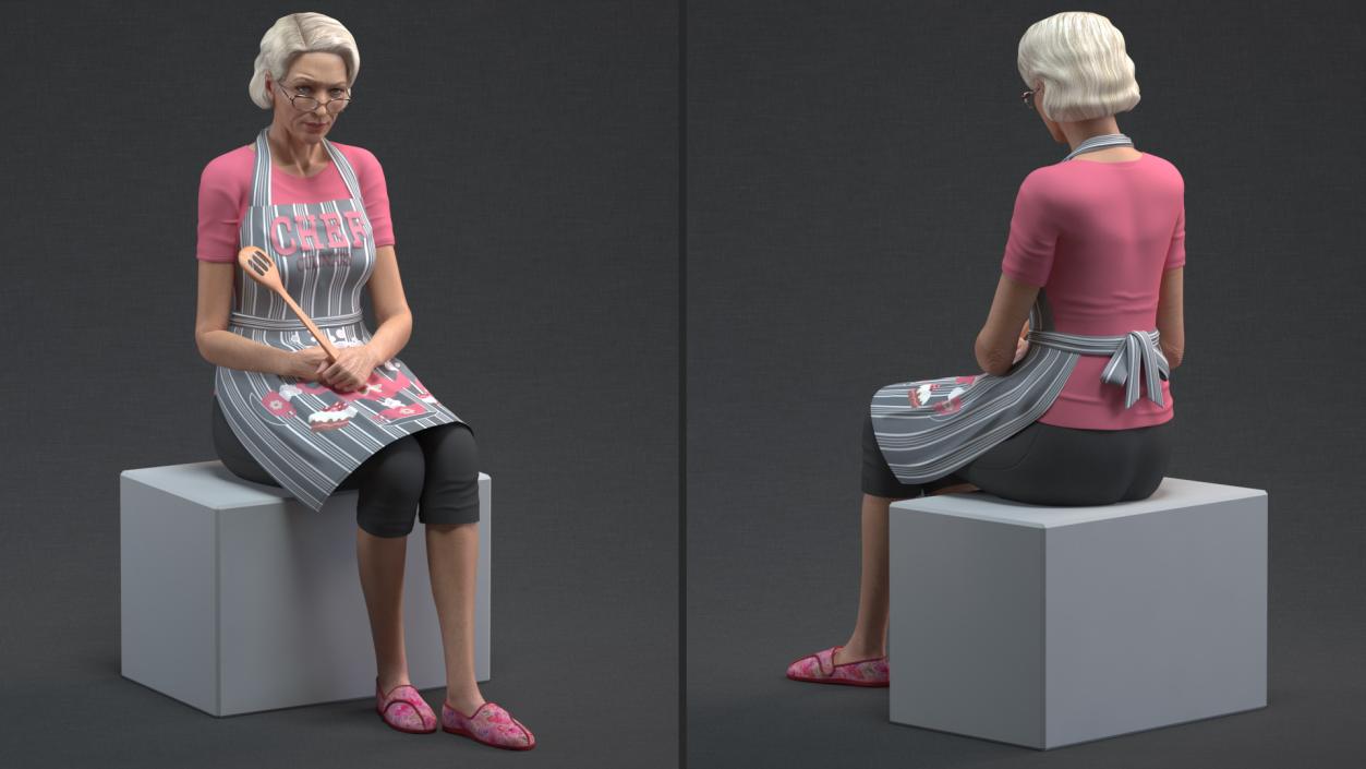 Elderly Woman Wearing Kitchen Apron Rigged 3D