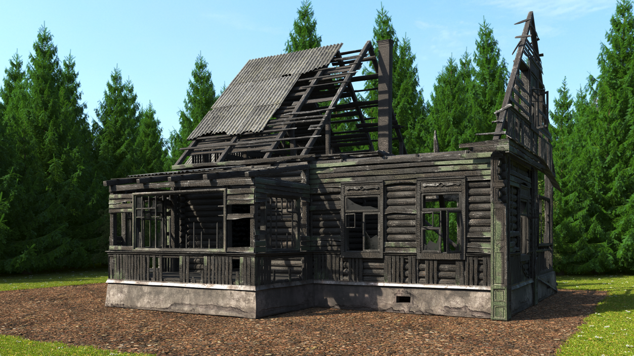 Burnt Wooden Down House Green 3D model