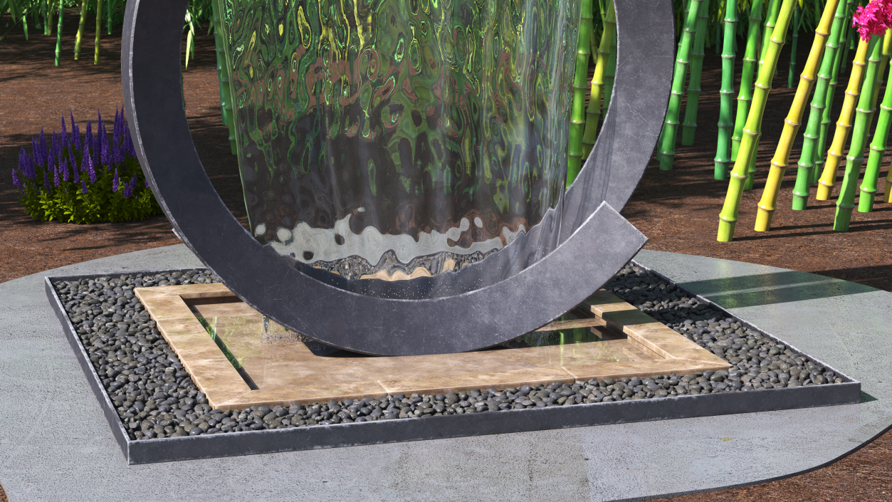 Modern Round Fountain with Black Pebble 3D model