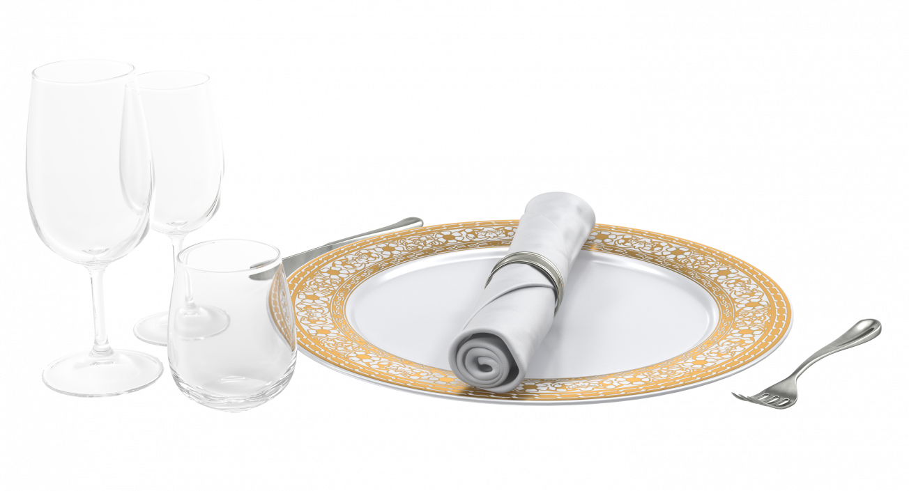 3D Empty Plate Glasses And Silverware Set model