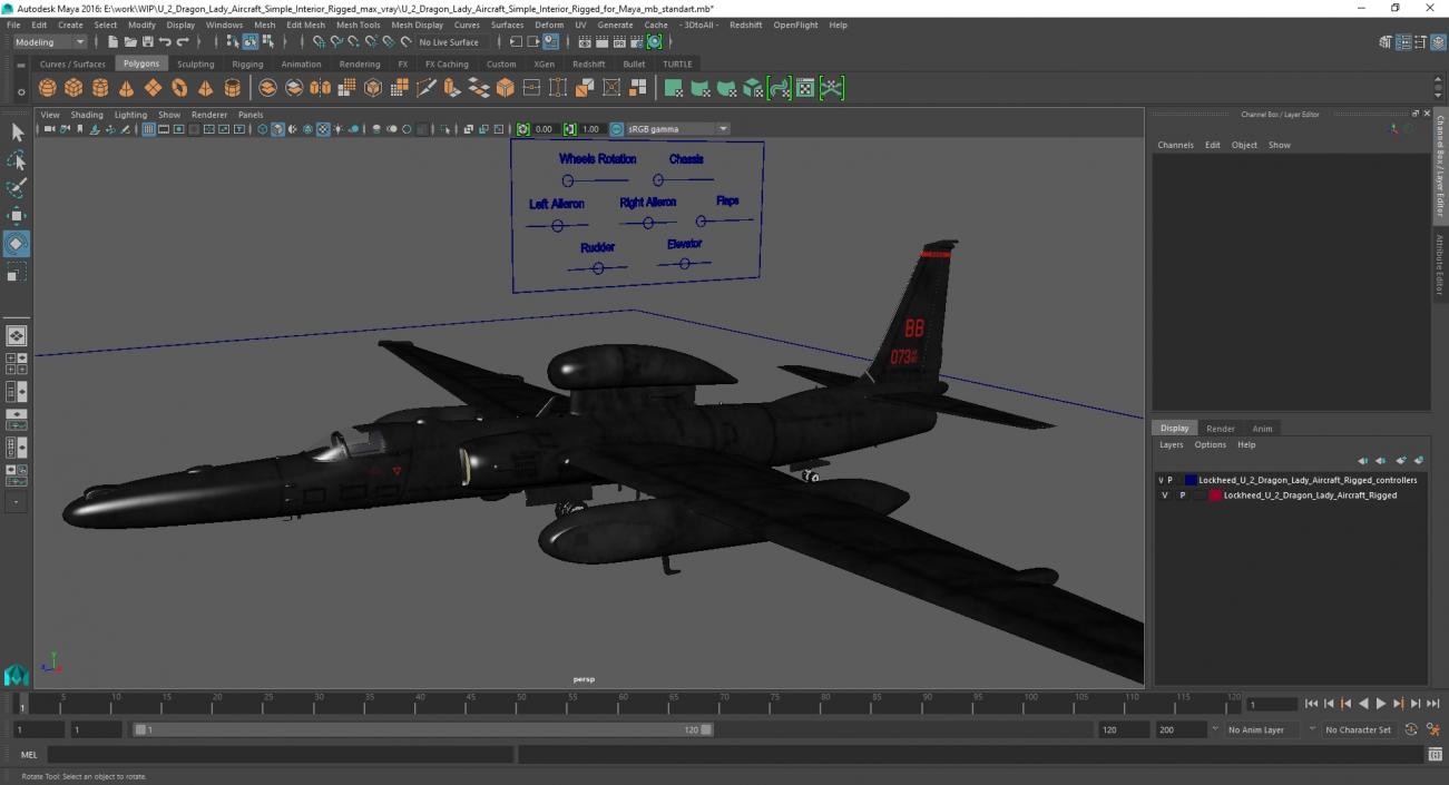 3D model U2 Dragon Lady Aircraft Simple Interior Rigged for Maya