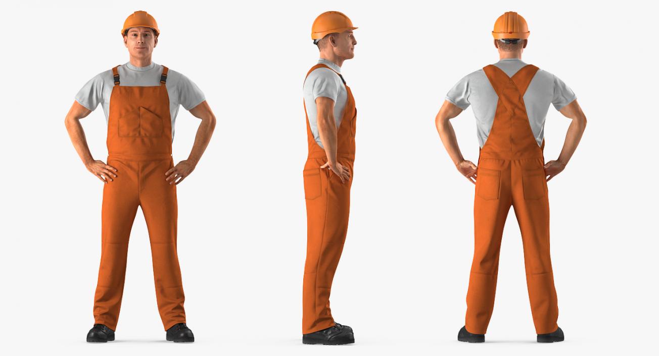 Worker In Orange Overalls with Hardhat Standing Pose 3D