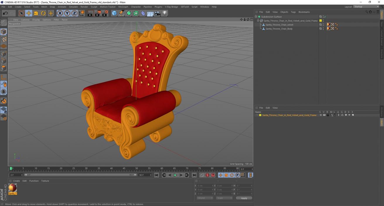 Santa Throne Chair in Red Velvet and Gold Frame 3D