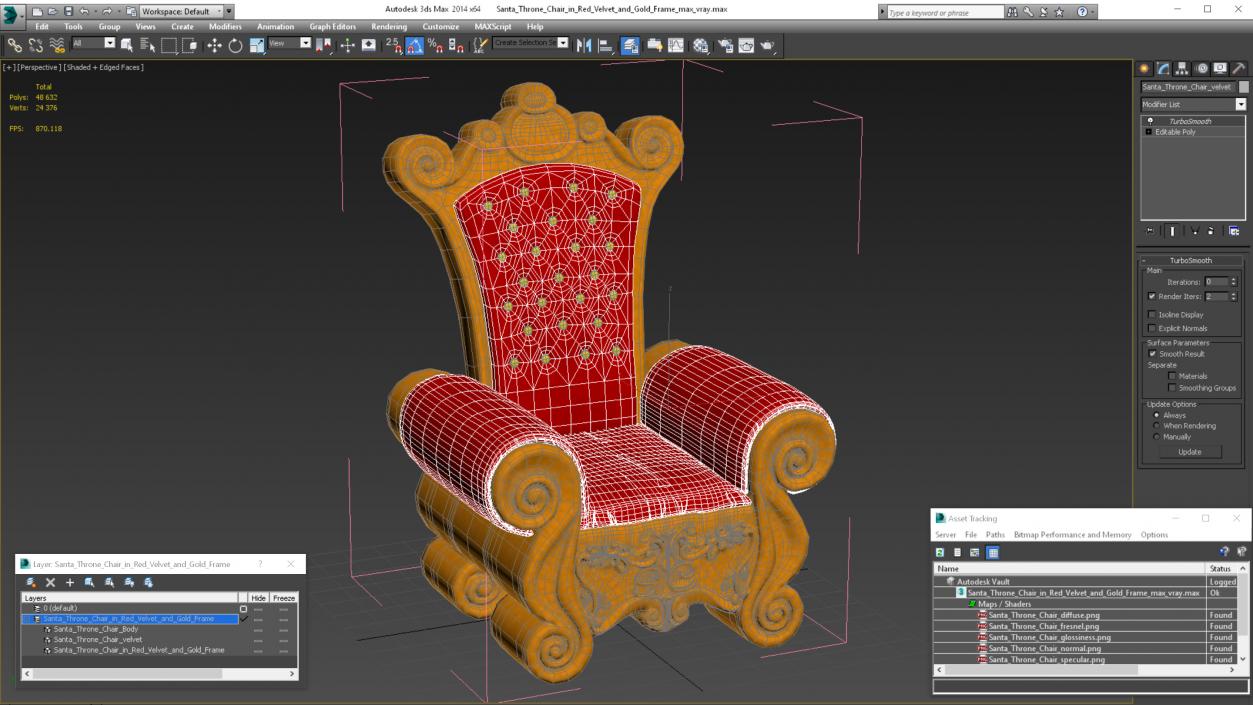 Santa Throne Chair in Red Velvet and Gold Frame 3D