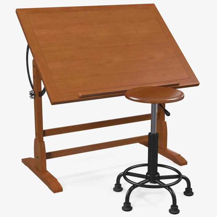 3D Vintage Wood Drafting Table with Drafting Stool Set