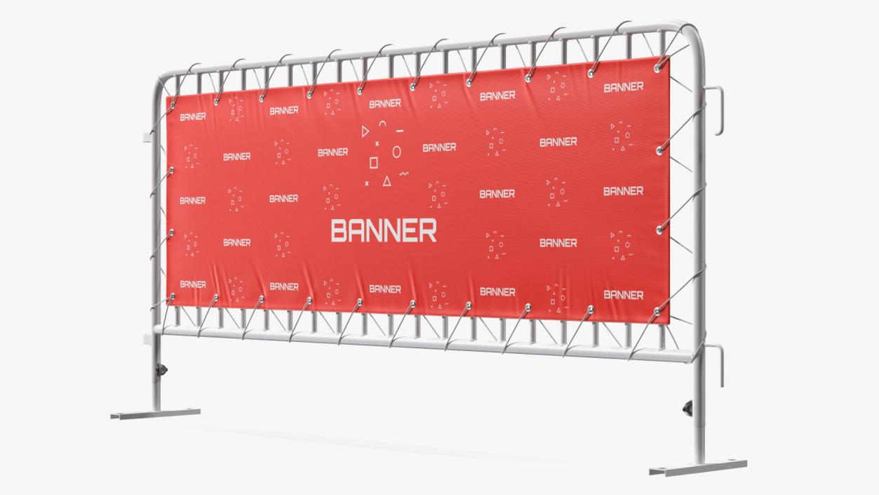 Red and White Crowd Control Barriers Line with Banners 3D model