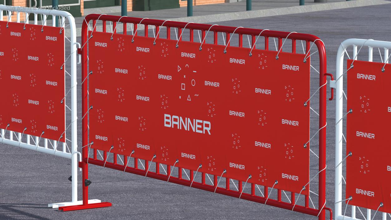 Red and White Crowd Control Barriers Line with Banners 3D model