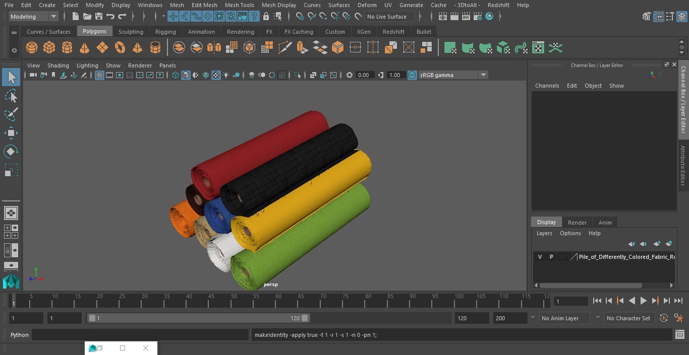 3D model Pile of Differently Colored Fabric Rolls