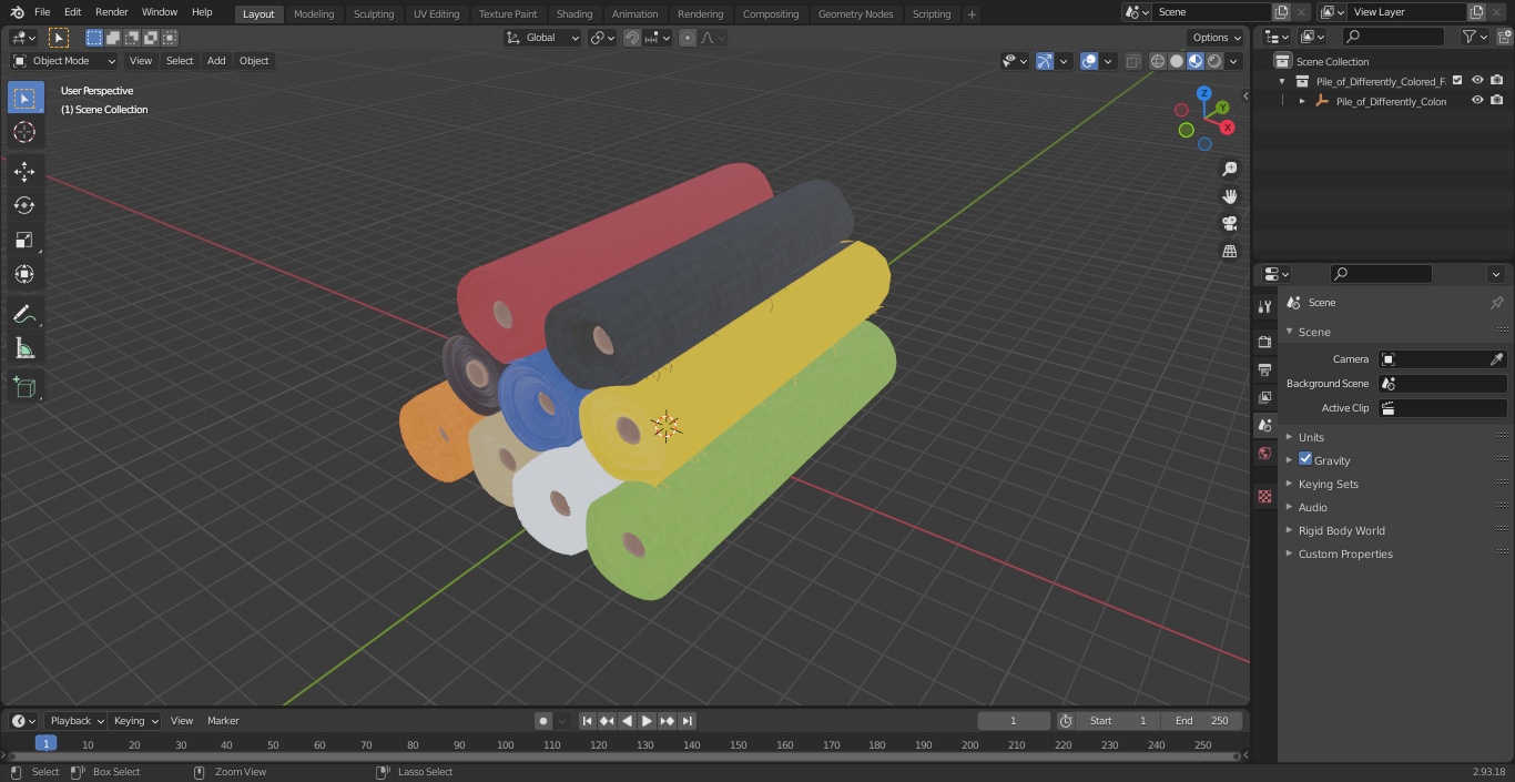 3D model Pile of Differently Colored Fabric Rolls
