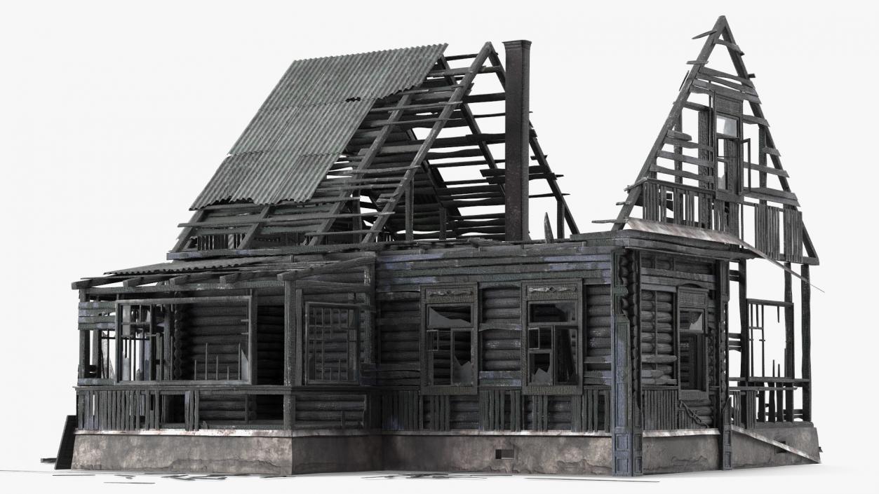 3D Burnt Wooden Down House Blue model