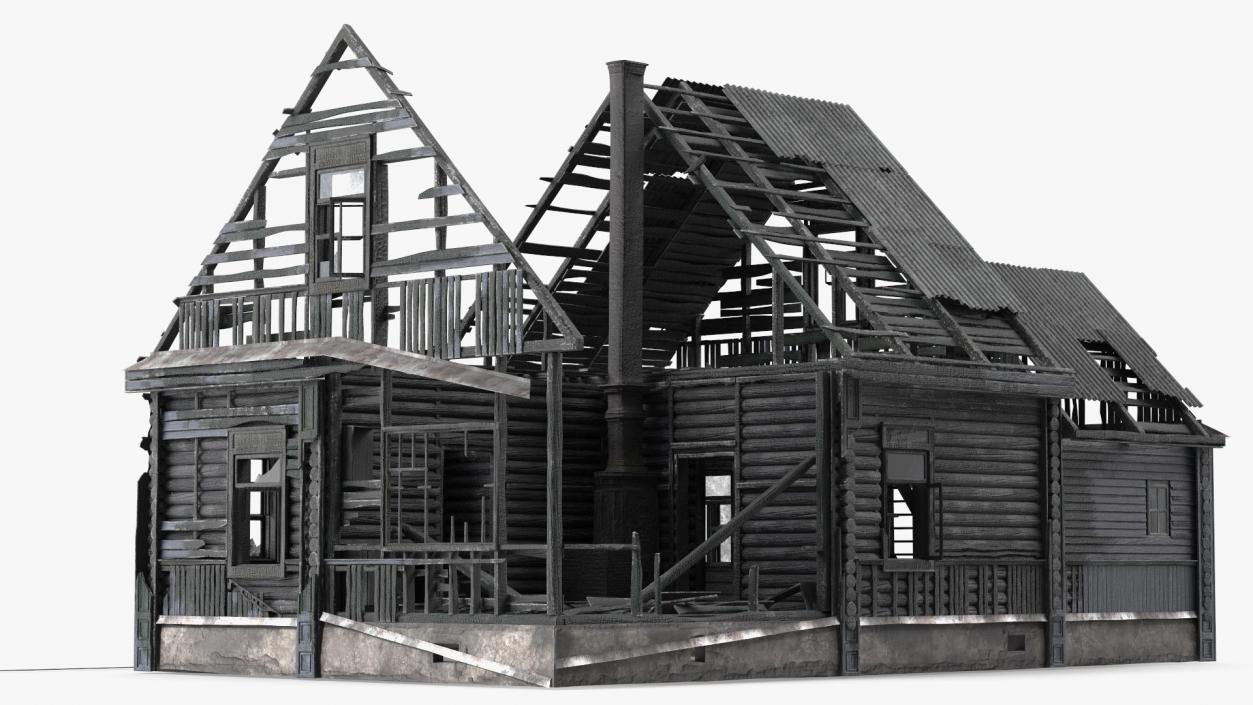 3D Burnt Wooden Down House Blue model