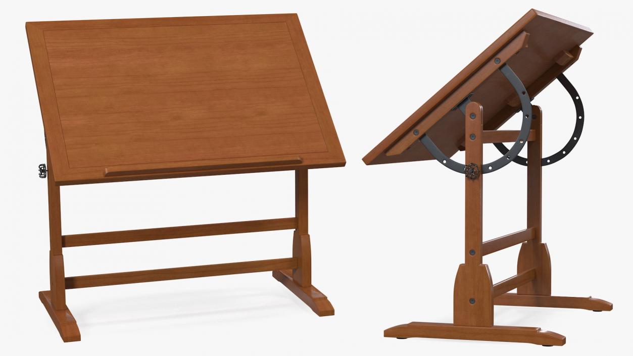 Vintage Wood Drafting Table with Adjustable Top 3D