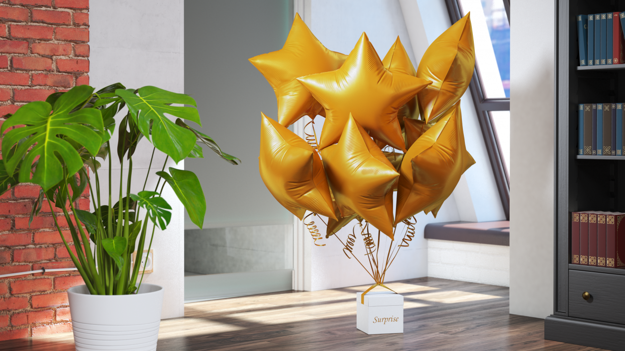 3D model Matte Gold Star Balloon Bouquet with Gift Box