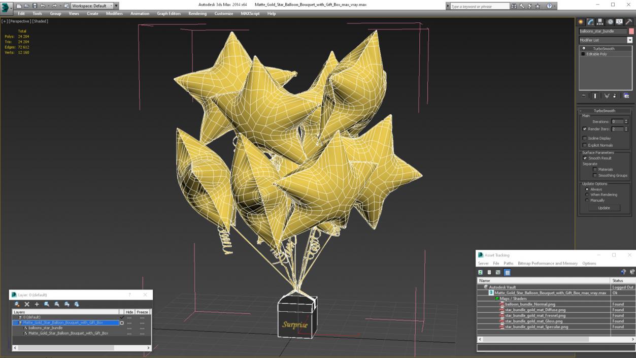 3D model Matte Gold Star Balloon Bouquet with Gift Box