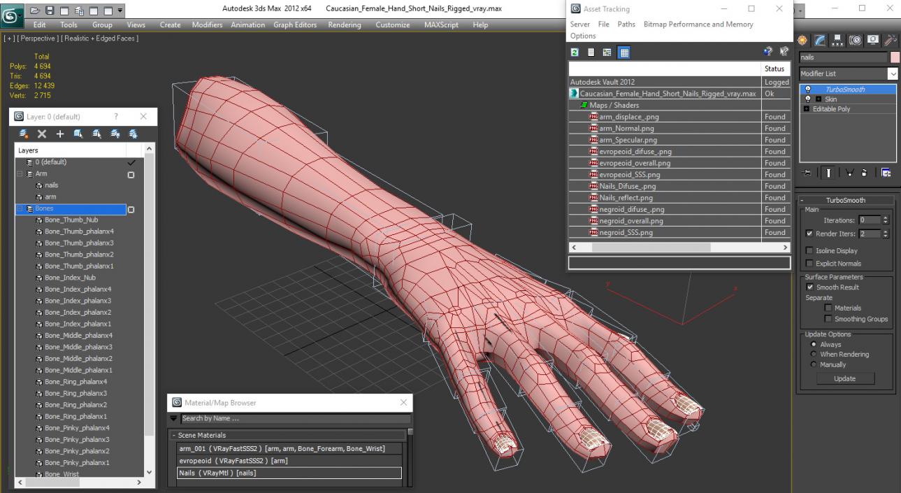 3D model Caucasian Female Hand Short Nails Rigged