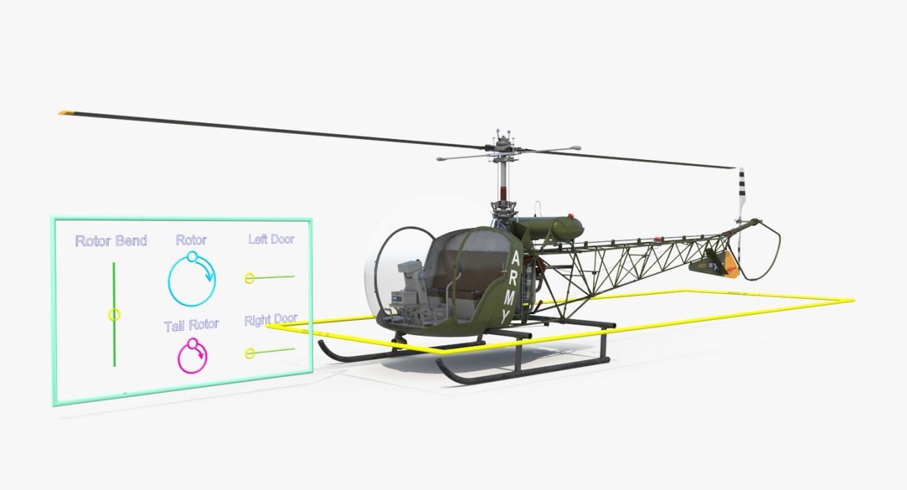 3D Light Helicopter Bell 47 Millitary Rigged
