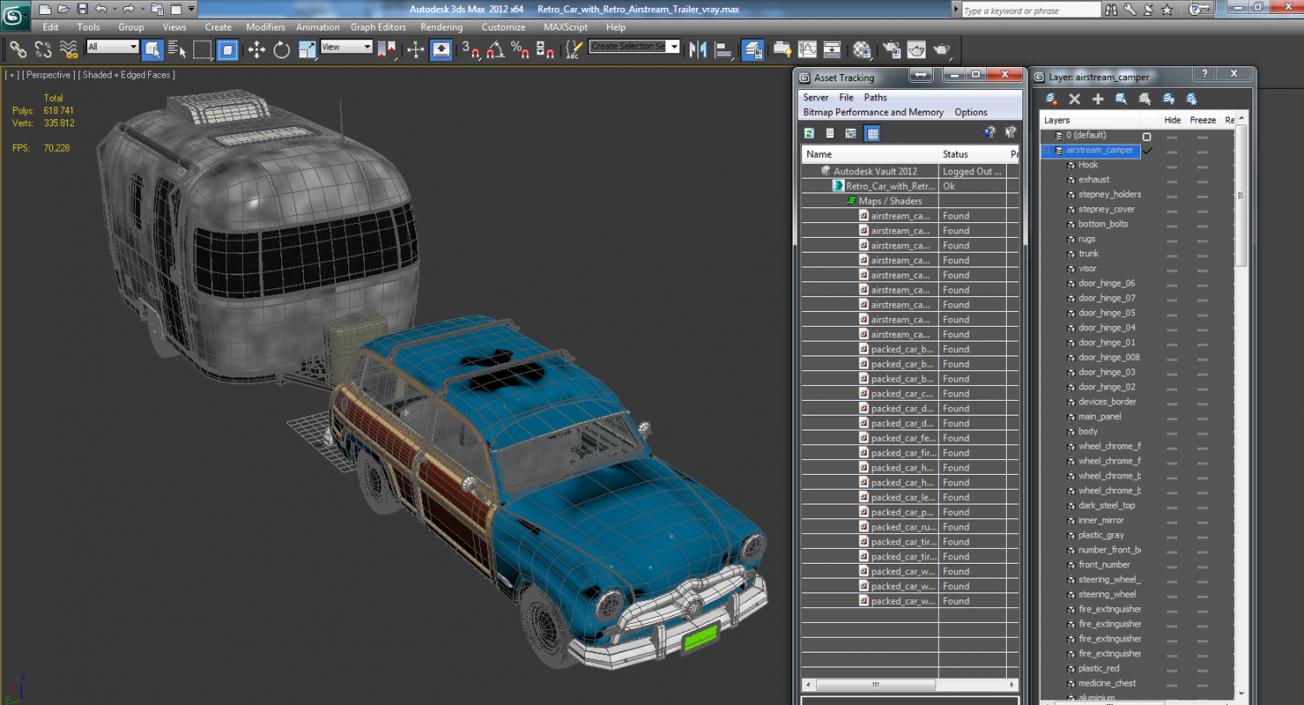 3D Retro Car with Retro Airstream Trailer model