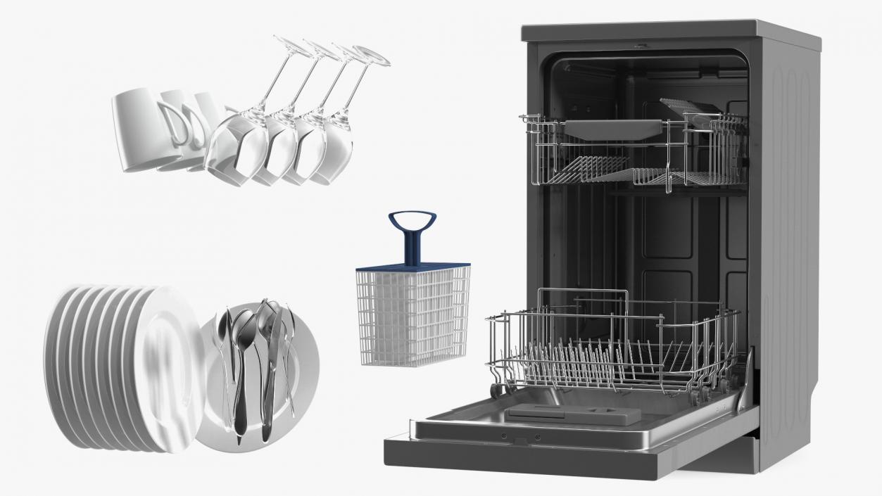 3D Open Dishwasher With Clean Dishes model